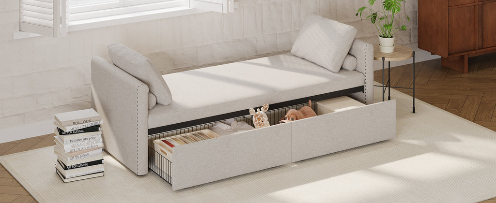 Modern cushioned lounge chair sofa bed with 2 drawers, small single sofa bed without mattress, linen, beige